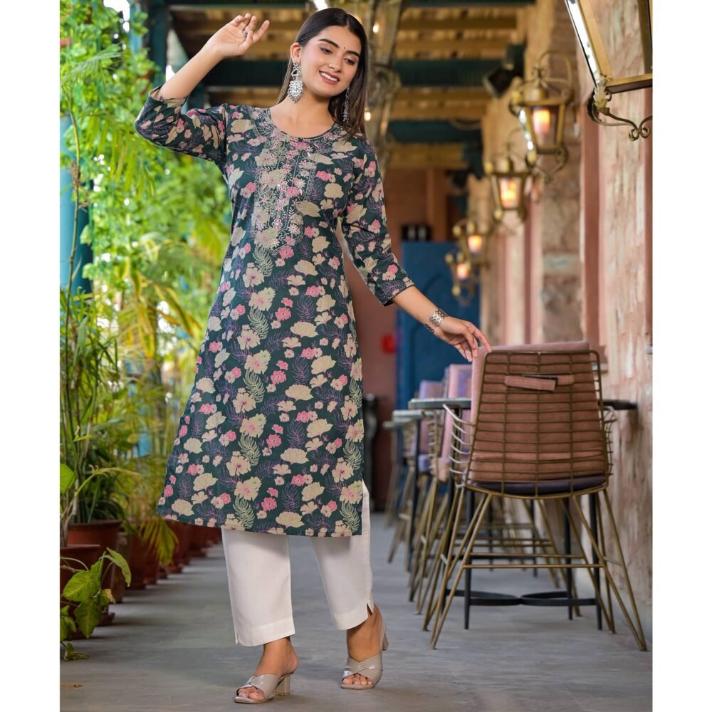 Green Floral Printed Pure Cotton Straight Kurti - Image 5