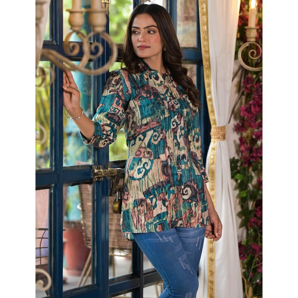 Blue & Green Printed Muslin Top - Image 6