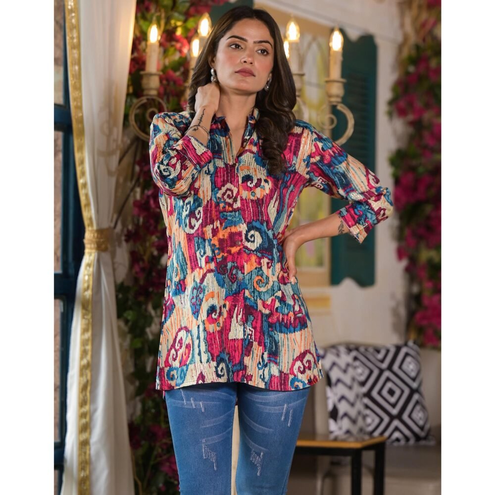Blue & Pink Printed Muslin Top - Image 5
