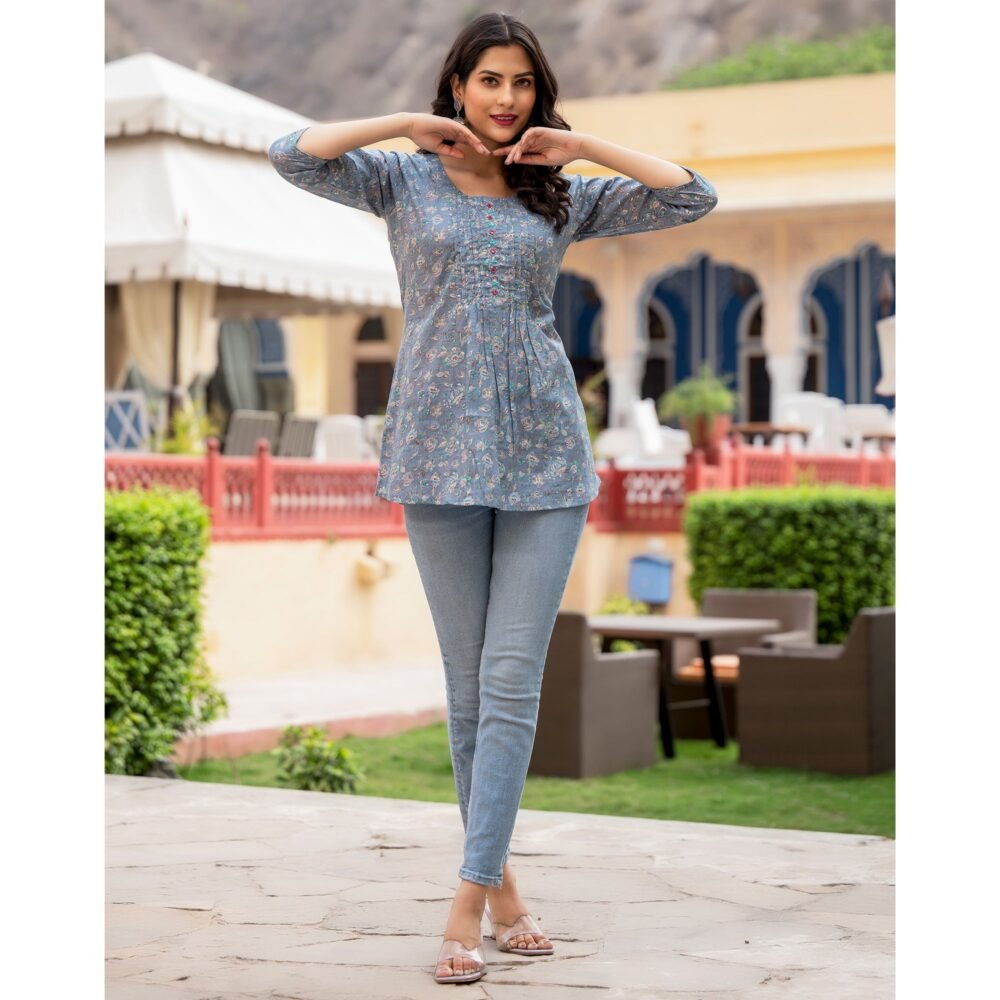 Blue Floral Printed Pure Cotton Top - Image 5