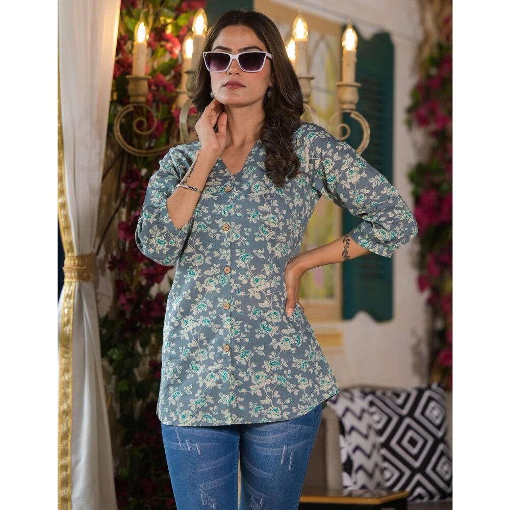 Grey Floral Printed Pure Cotton Top - Image 6
