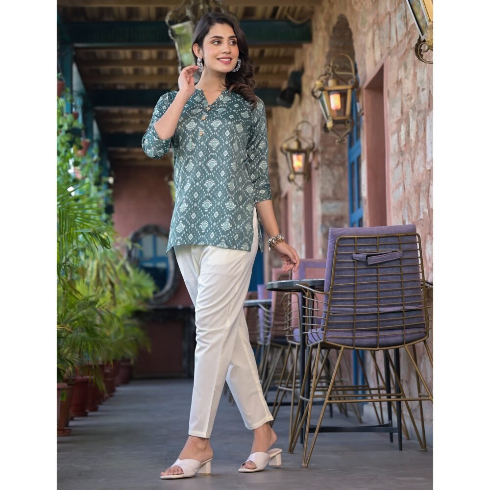 Sea Green Floral Printed Rayon Straight Top - Image 6