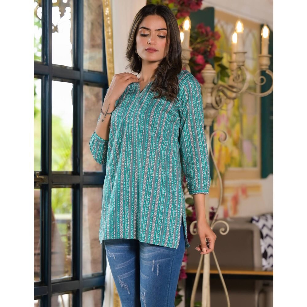 Turquoise Printed Pure Cotton Top - Image 6