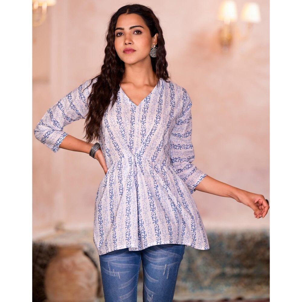 White & Blue Printed Pure Cotton A-Line Top - Image 5