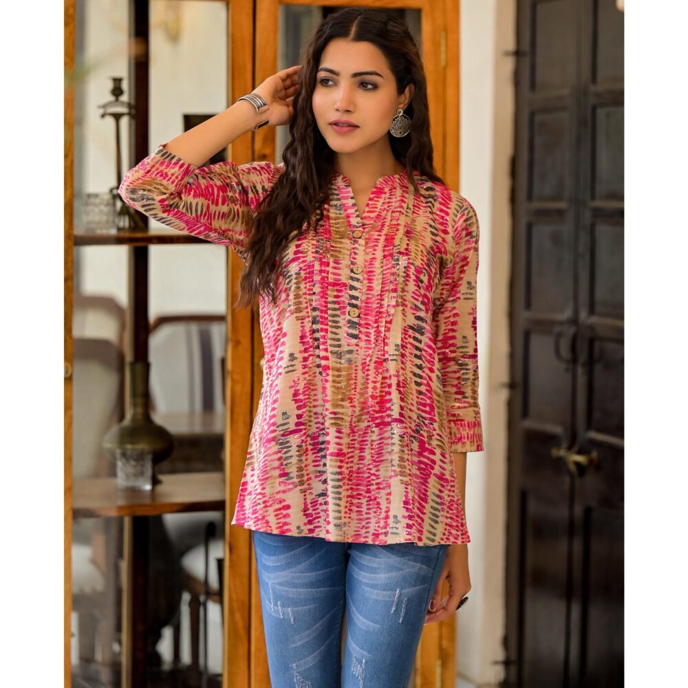Rani Pink Foil Printed Pure Cotton A-Line Top - Image 5