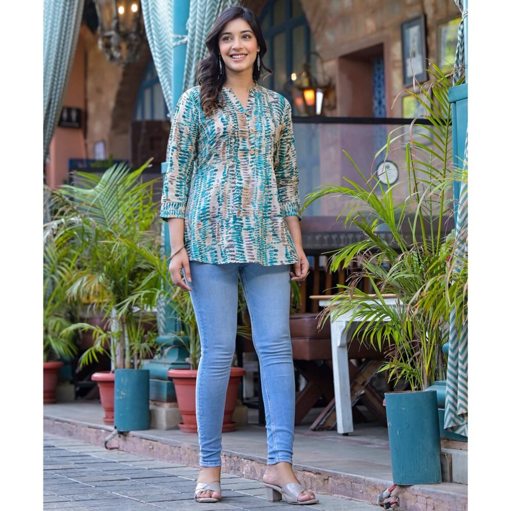 Turquoise Foil Printed Pure Cotton A-Line Top - Image 5
