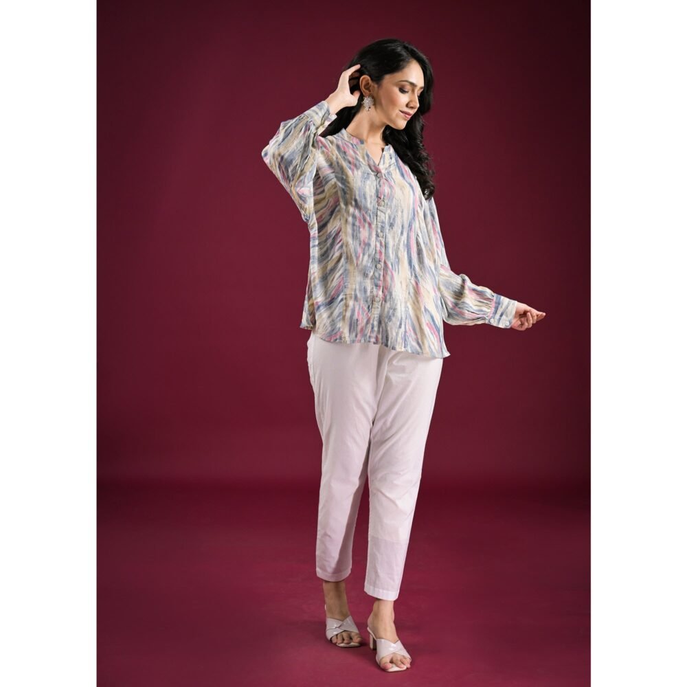 Blue Foil Printed Chanderi Silk A-Line Top - Image 5