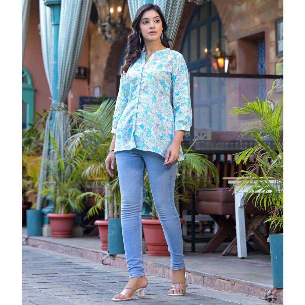 Sky Blue Floral Printed Pure Cotton A-Line Top - Image 5