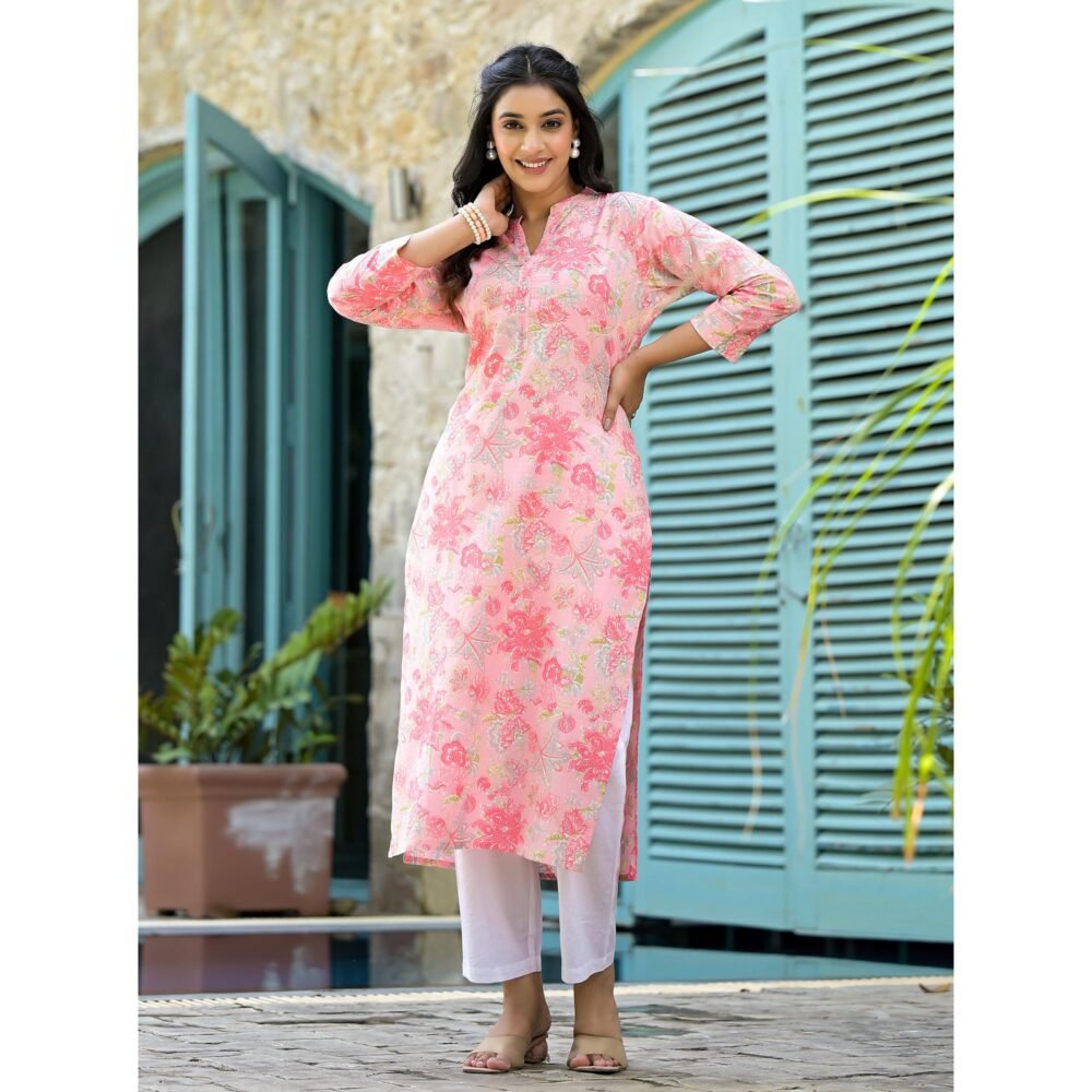 Peach Floral Printed Pure Cotton Straight Kurti - Image 5