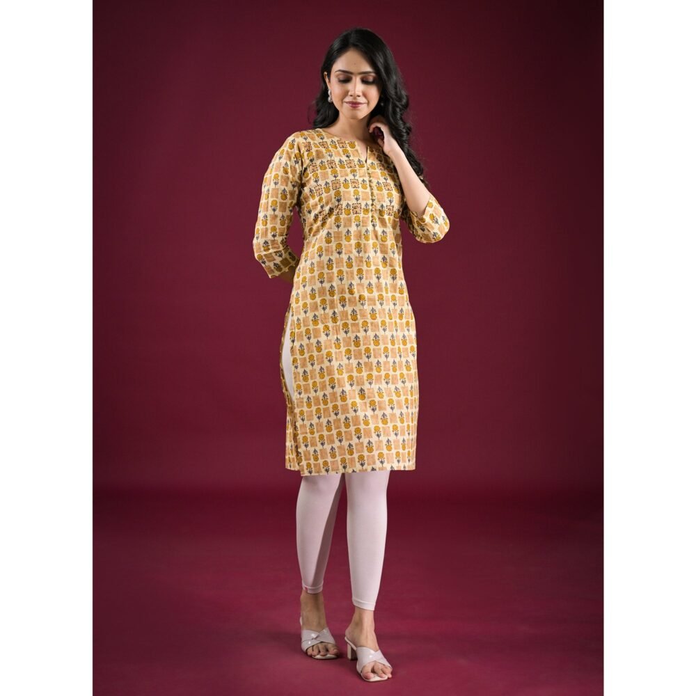 Mustard Floral Printed Pure Cotton Straight Kurti - Image 5