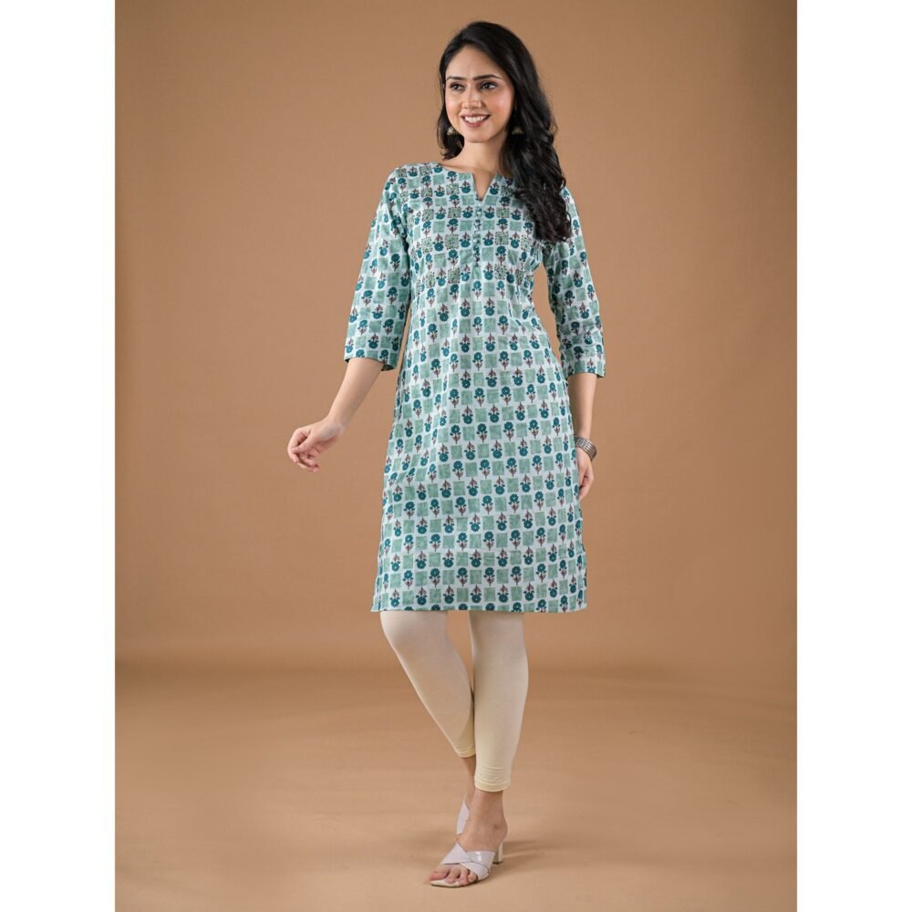 Sea Green Floral Printed Pure Cotton Straight Kurti - Image 5