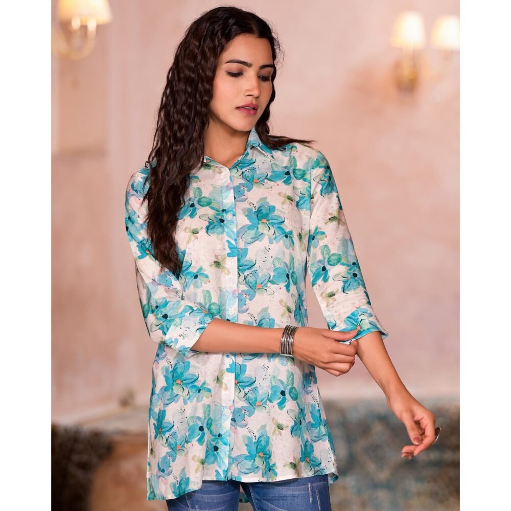 Turquoise Floral Printed Muslin Top - Image 5