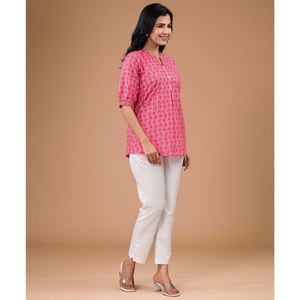 Pink Foil Printed Pure Cotton A-Line Top - Image 5