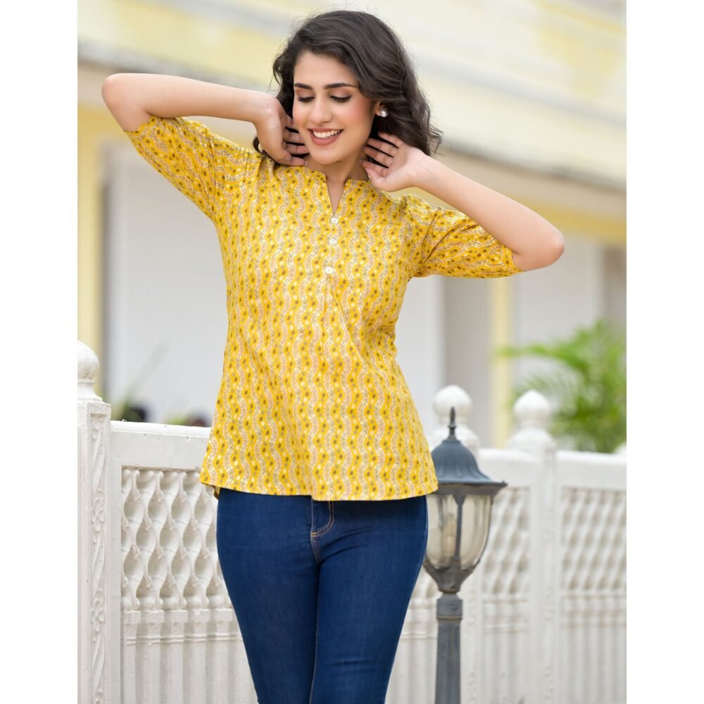 Yellow Foil Printed Pure Cotton A-Line Top - Image 5