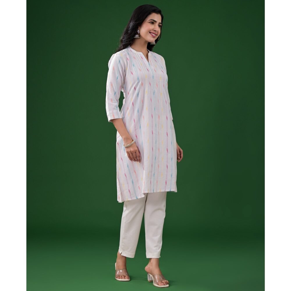 White Printed Pure Cotton A-Line Kurti - Image 5