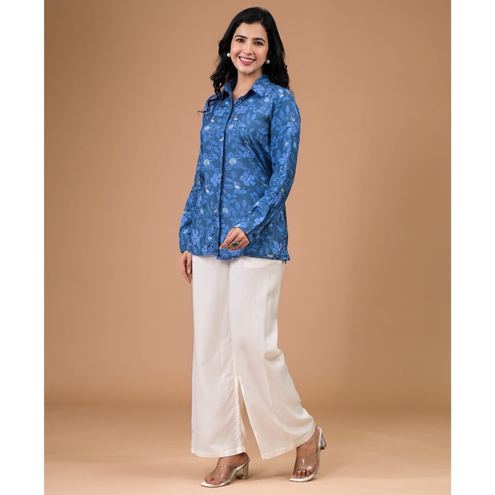 Blue Foil Printed Muslin Shirt - Image 5