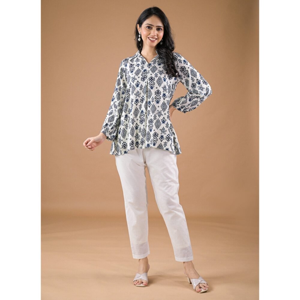 White & Blue Floral Printed Rayon Top - Image 5