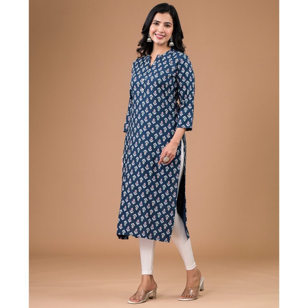 Navy Blue Rayon Printed Straight Kurti - Image 5