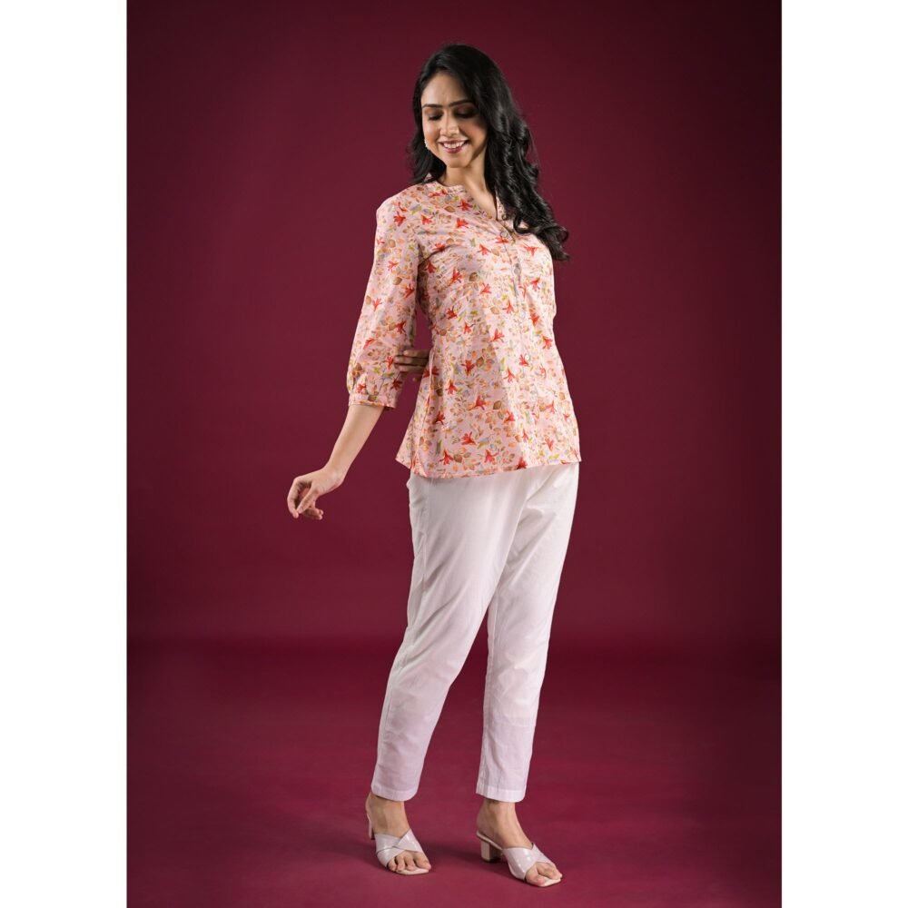 Peach Floral Printed Pure Cotton Top - Image 5