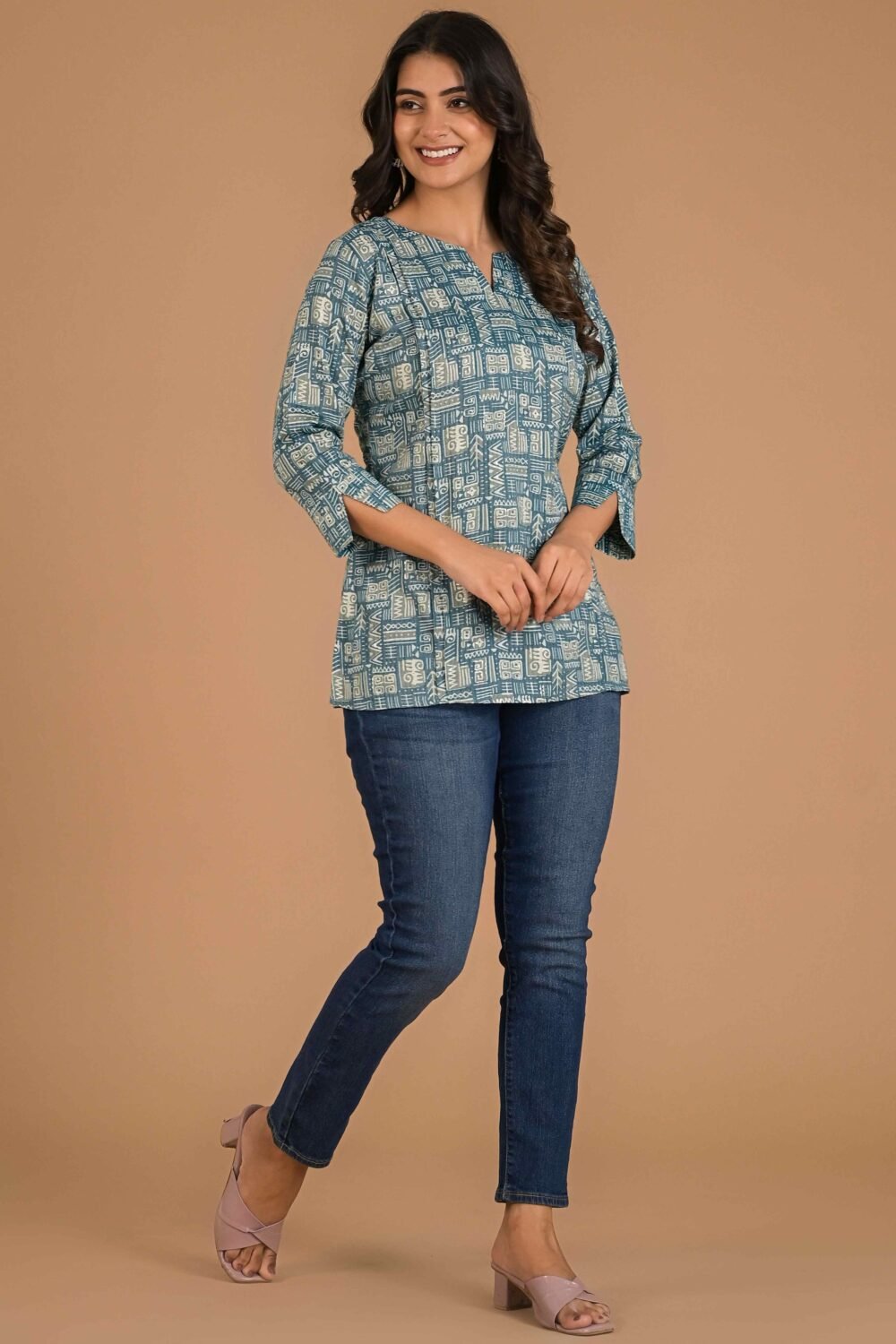Blue Printed Pure Cotton Straight Top - Image 7