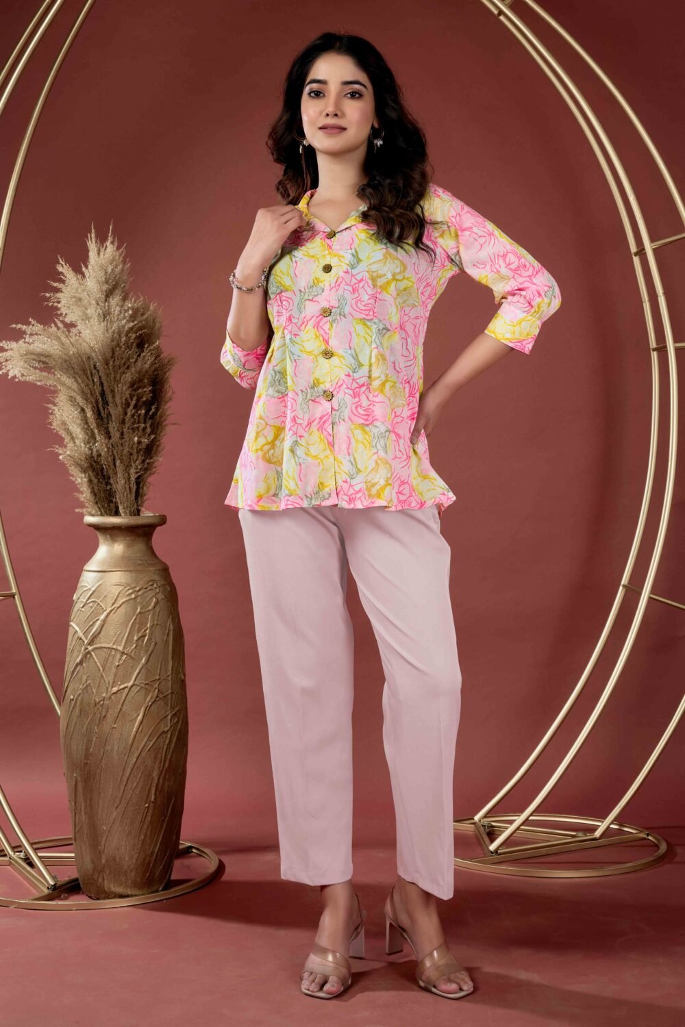 Yellow & Pink Floral Printed Pure Cotton A-Line Top - Image 5