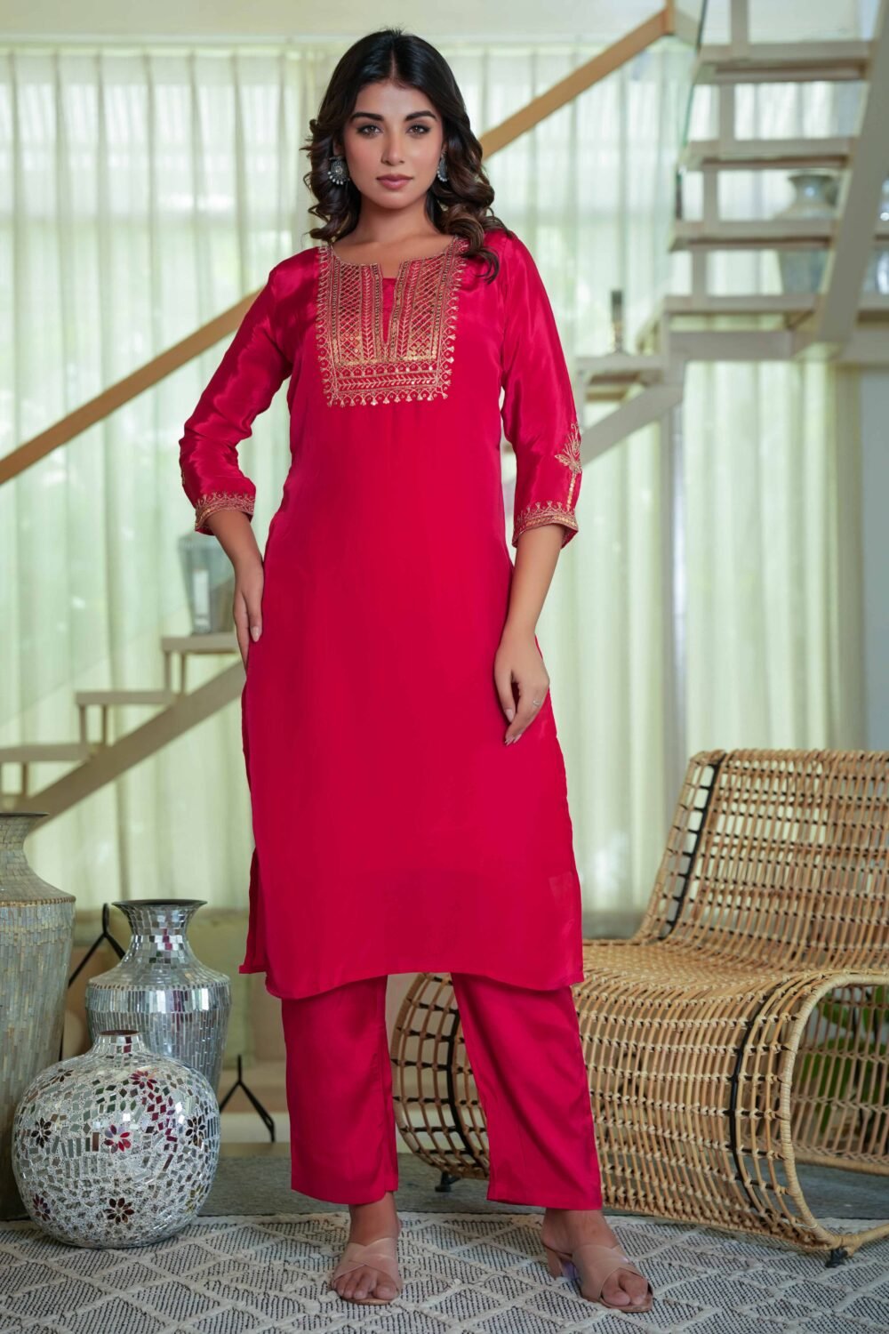 Glamorous Red Crepe Straight Suit with Intricate Sequin Embroidery - Image 5