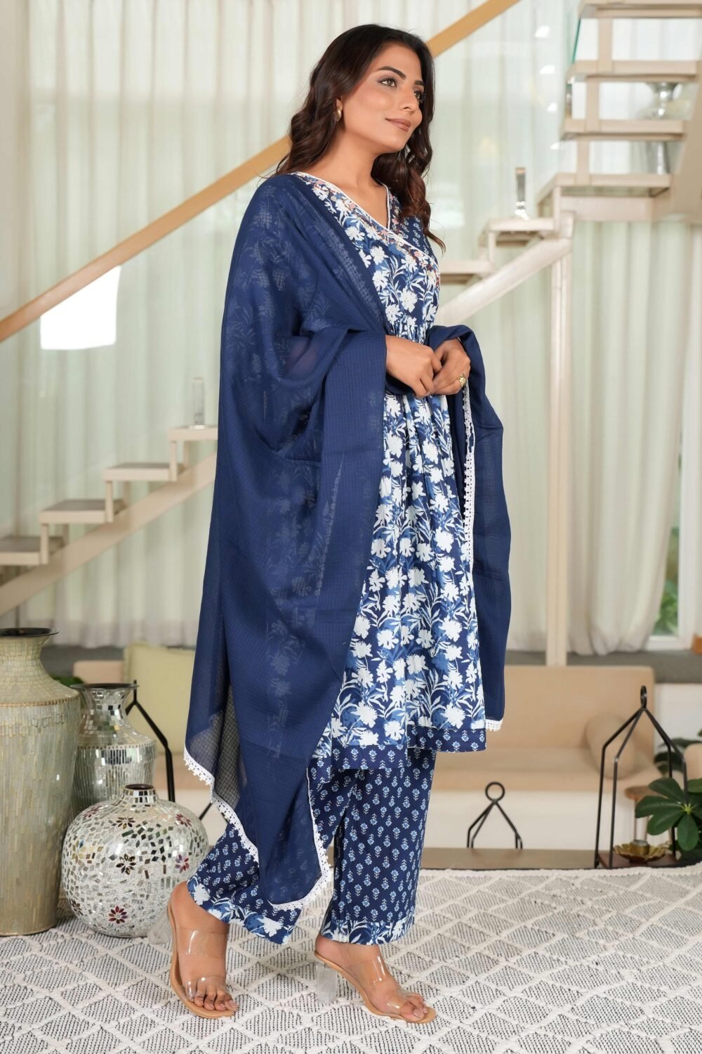 Dark Blue Anarkali Salwar Suit Featuring Floral Prints on Pure Cotton - Image 5