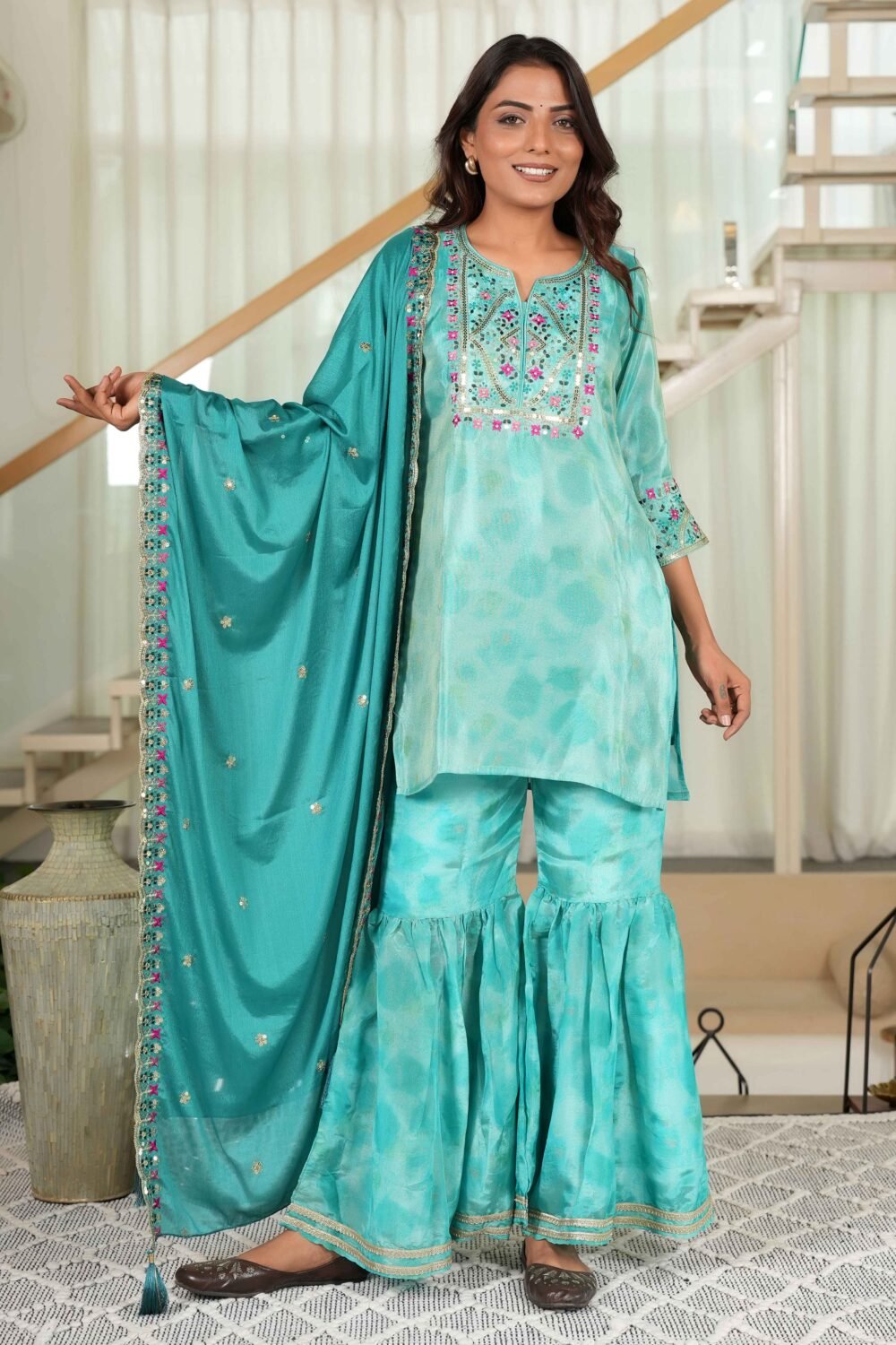 Turquoise Embroidered Organza Sharara Set with Delicate Floral Sequins - Image 5