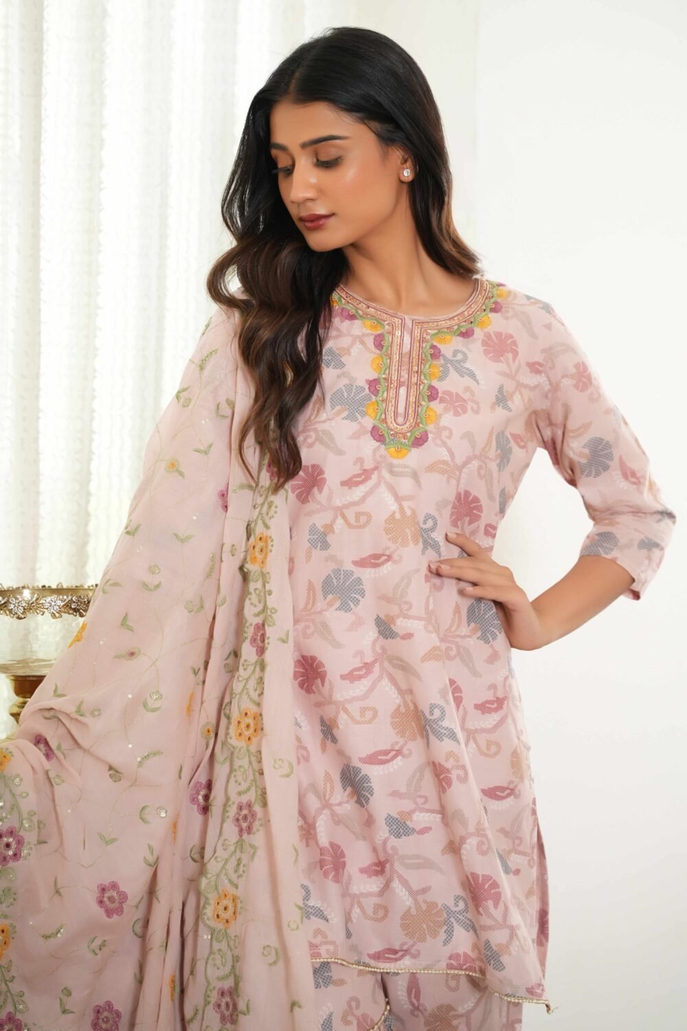 Elegant Baby Pink Floral Printed Pure Cotton Sharara Suit for Festive Charm - Image 5