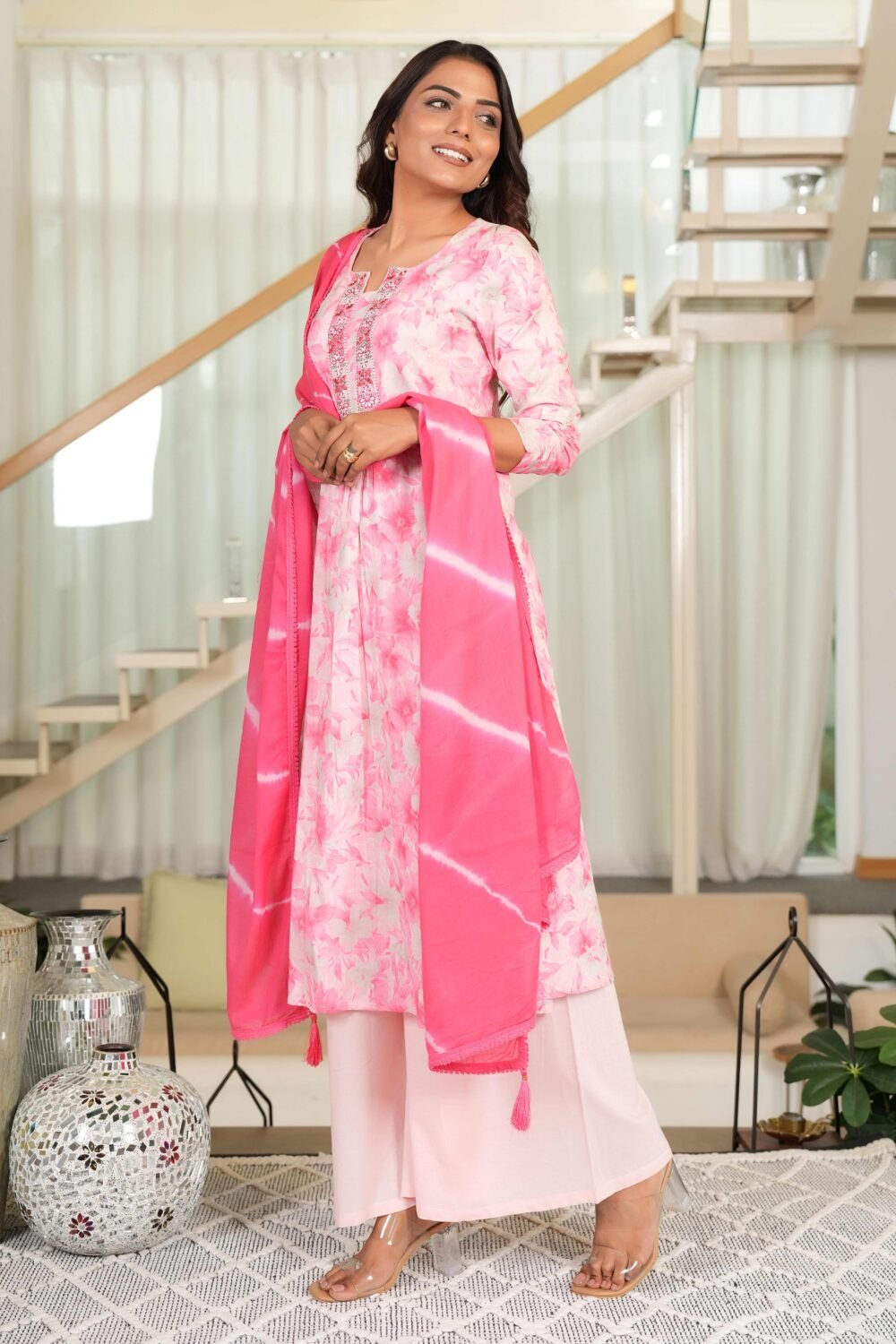 Feminine A-Line Salwar Suit in Soft Pink Pure Cotton with Delicate Floral Prints and Embroidery Highlights - Image 5