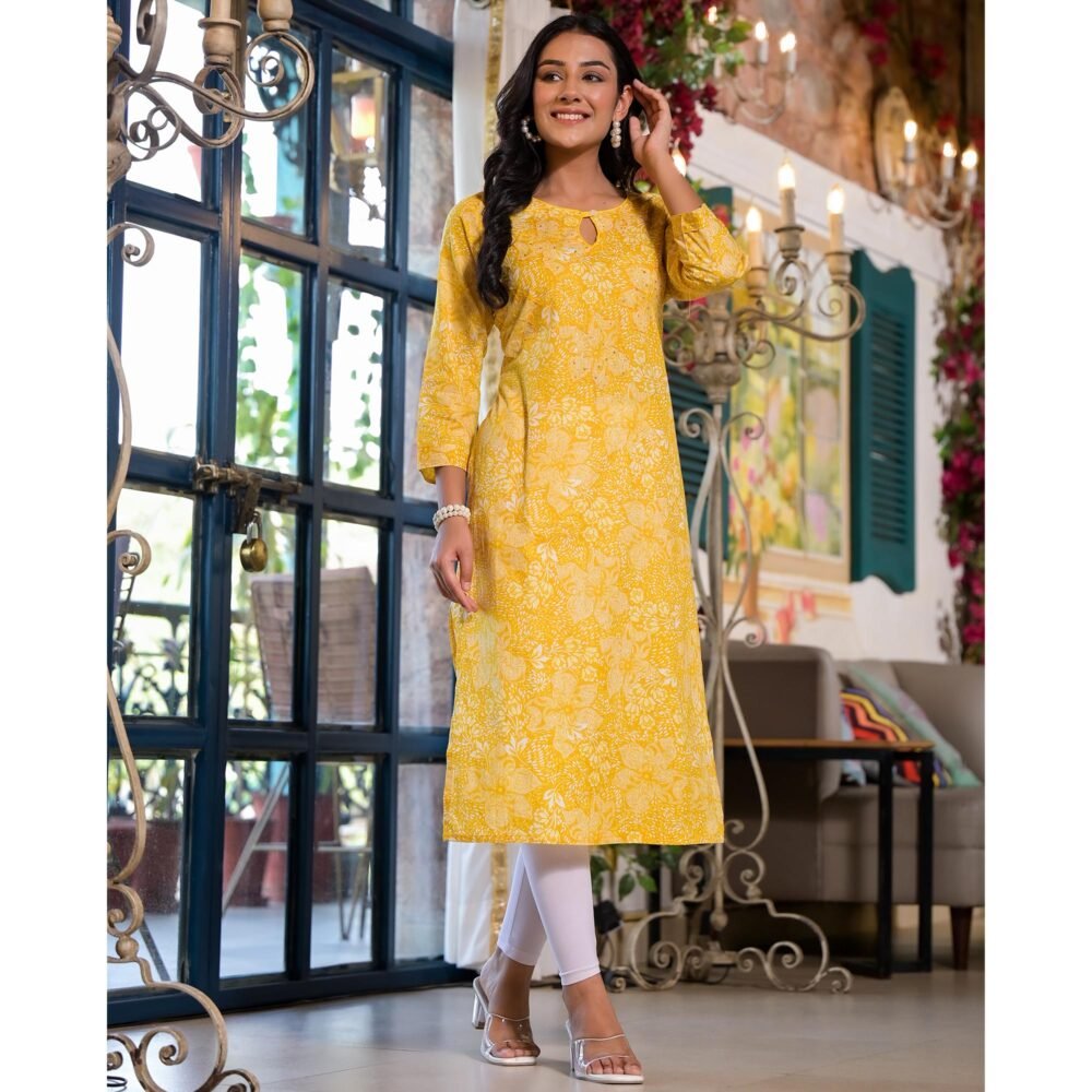 Yellow Floral Printed Pure Cotton Straight Kurti - Image 5