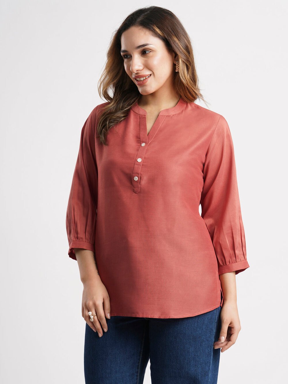 Red Solid Poly Chinon Straight Top - Image 5