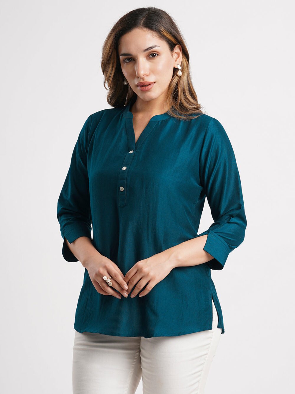 Teal Solid Poly Chinon Straight Top - Image 5