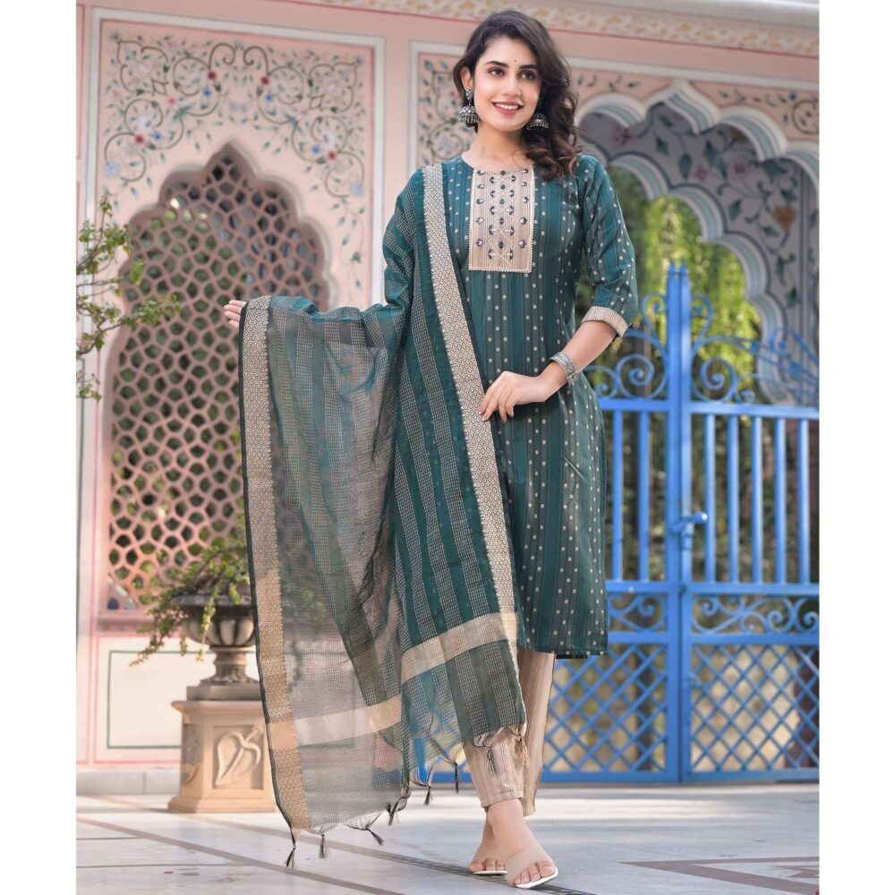 Green Woven Pure Cotton Straight Salwar Suit - Image 6