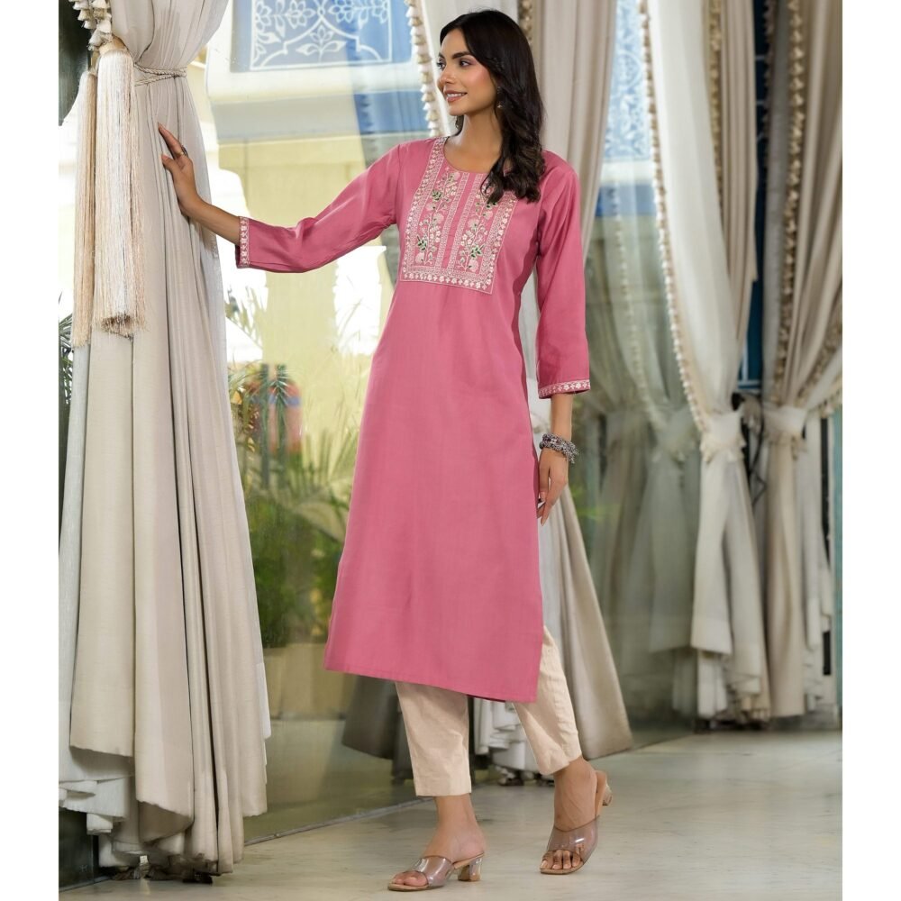 Pink Yoke Embroidered Viscose Straight Kurti - Image 5