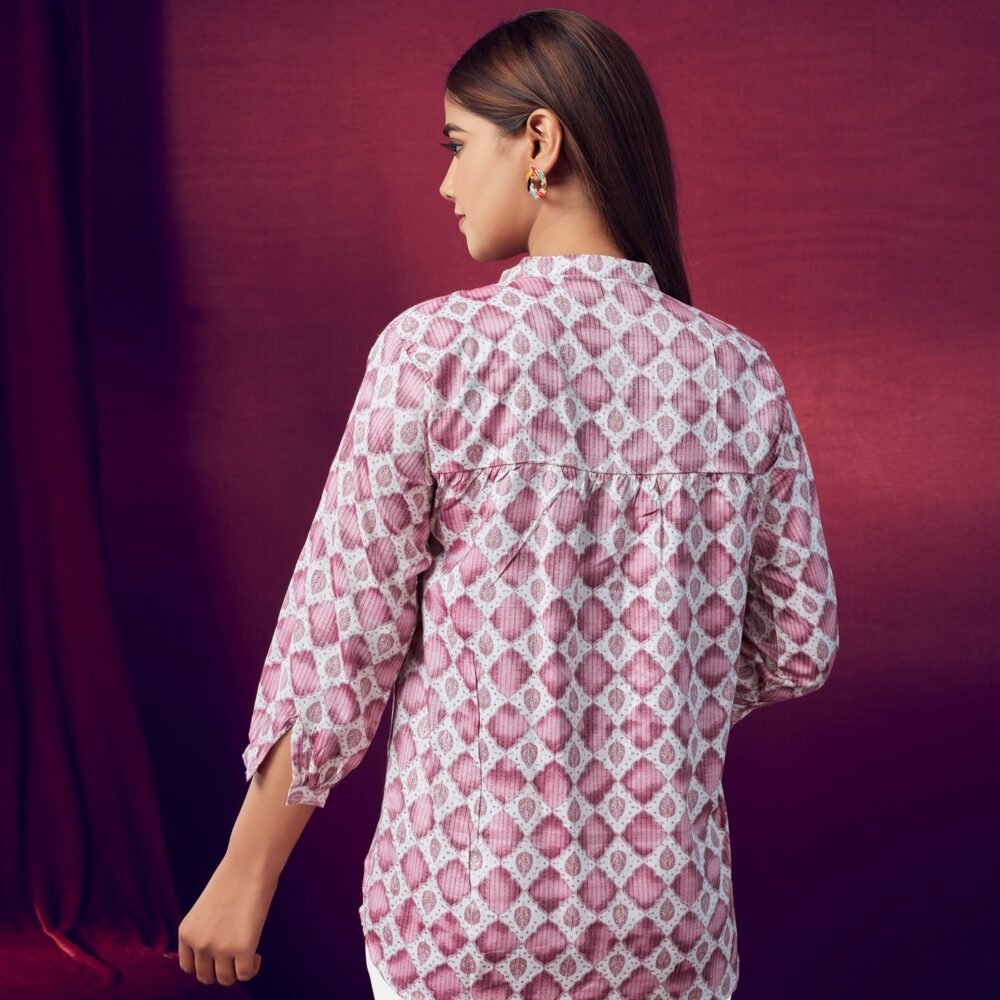 White & Pink Printed Chanderi Silk Top - Image 6