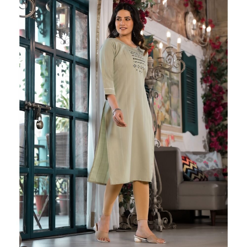 Sea Green Striped Embroidered Rayon Straight Kurti - Image 5