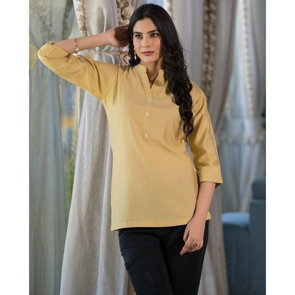Beige Solid Cotton Silk Straight Top - Image 6