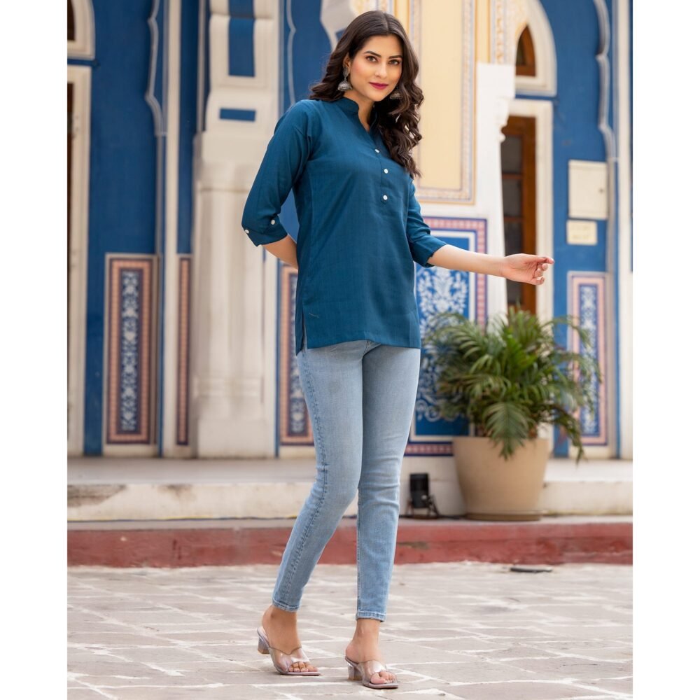 Blue Solid Cotton Silk Straight Top - Image 5