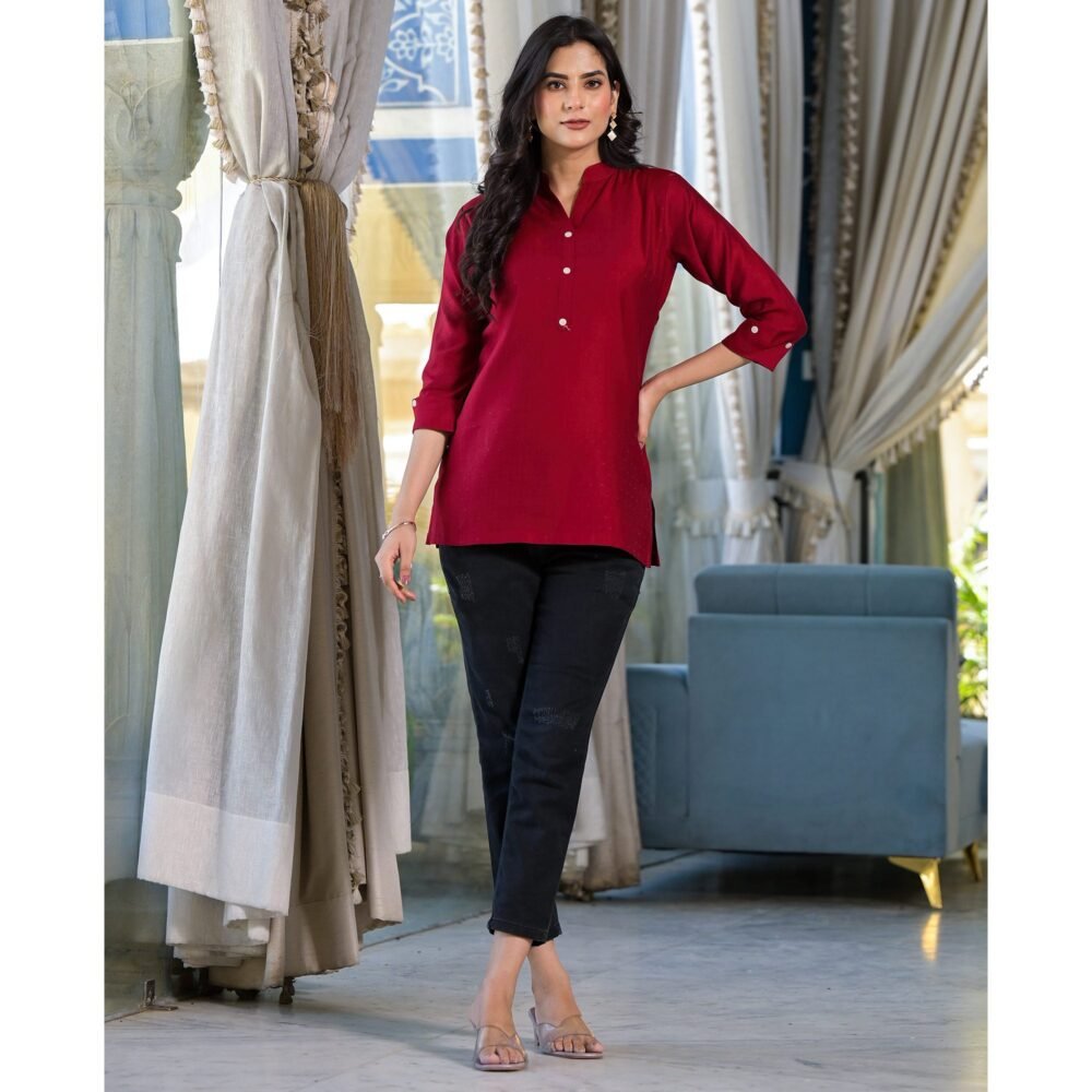 Maroon Solid Cotton Silk Straight Top - Image 6