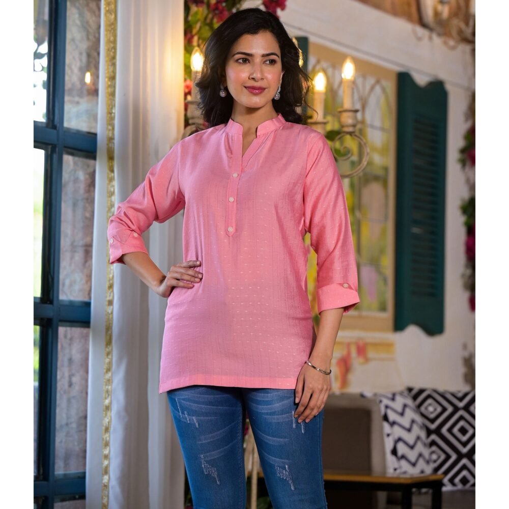 Pink Solid Cotton Silk Straight Top - Image 6