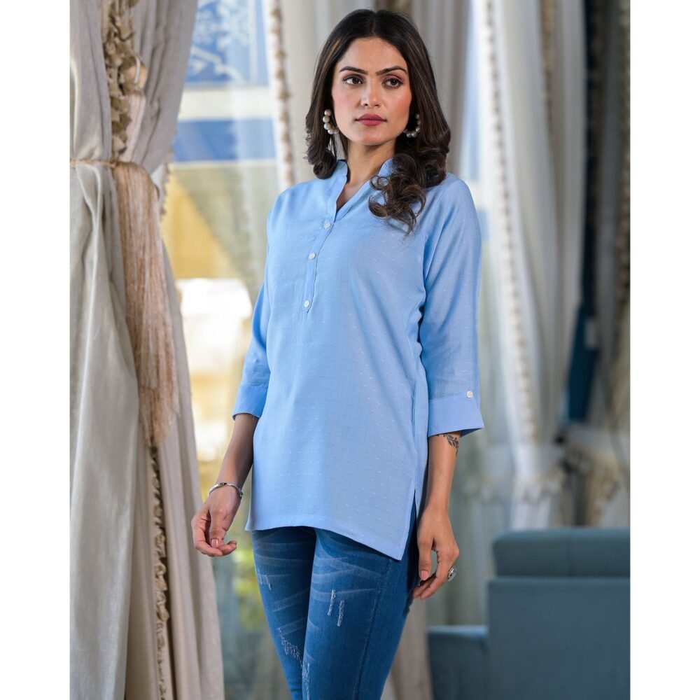 Sky Blue Solid Cotton Silk Straight Top - Image 6