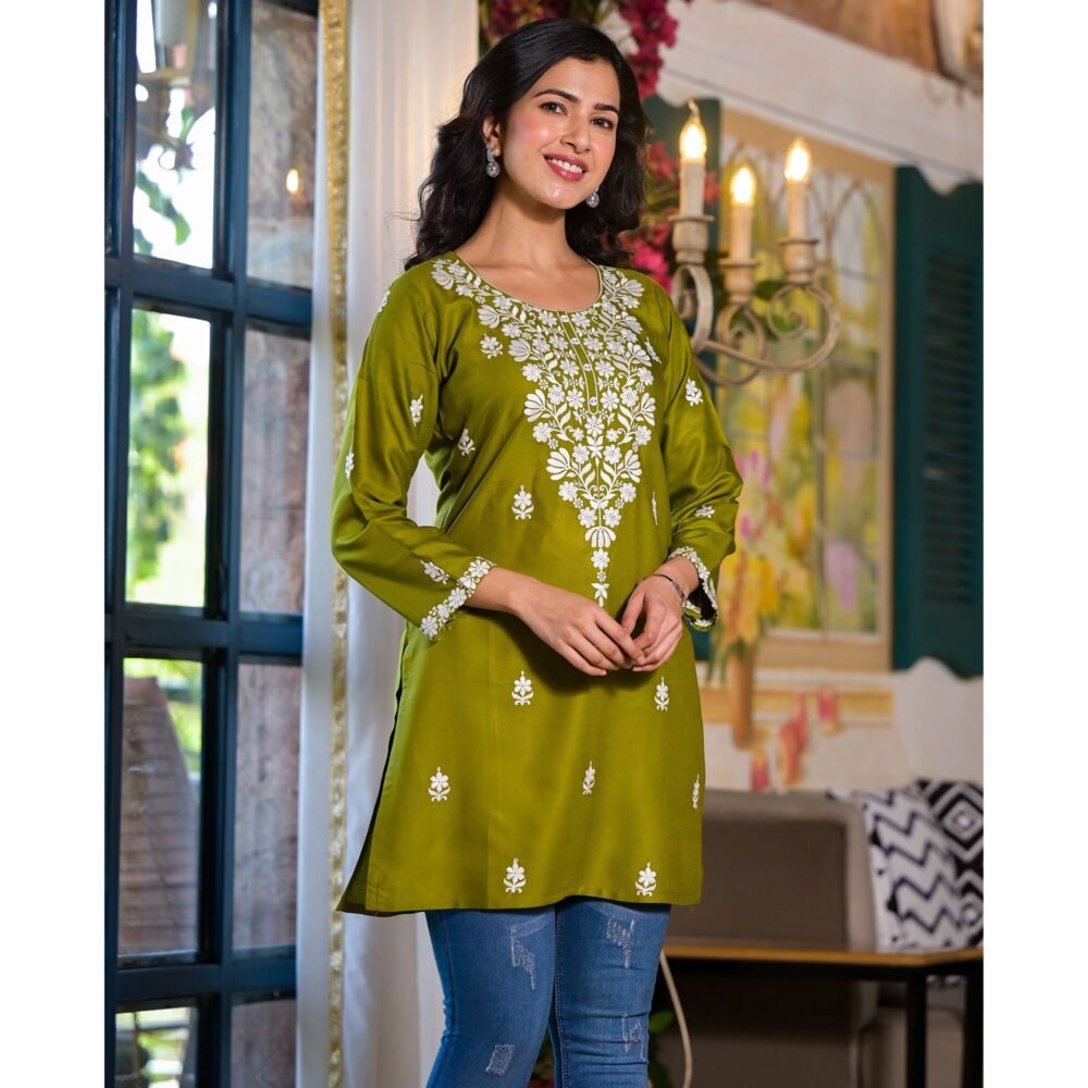 Green Embroidered Rayon Straight Top - Image 6