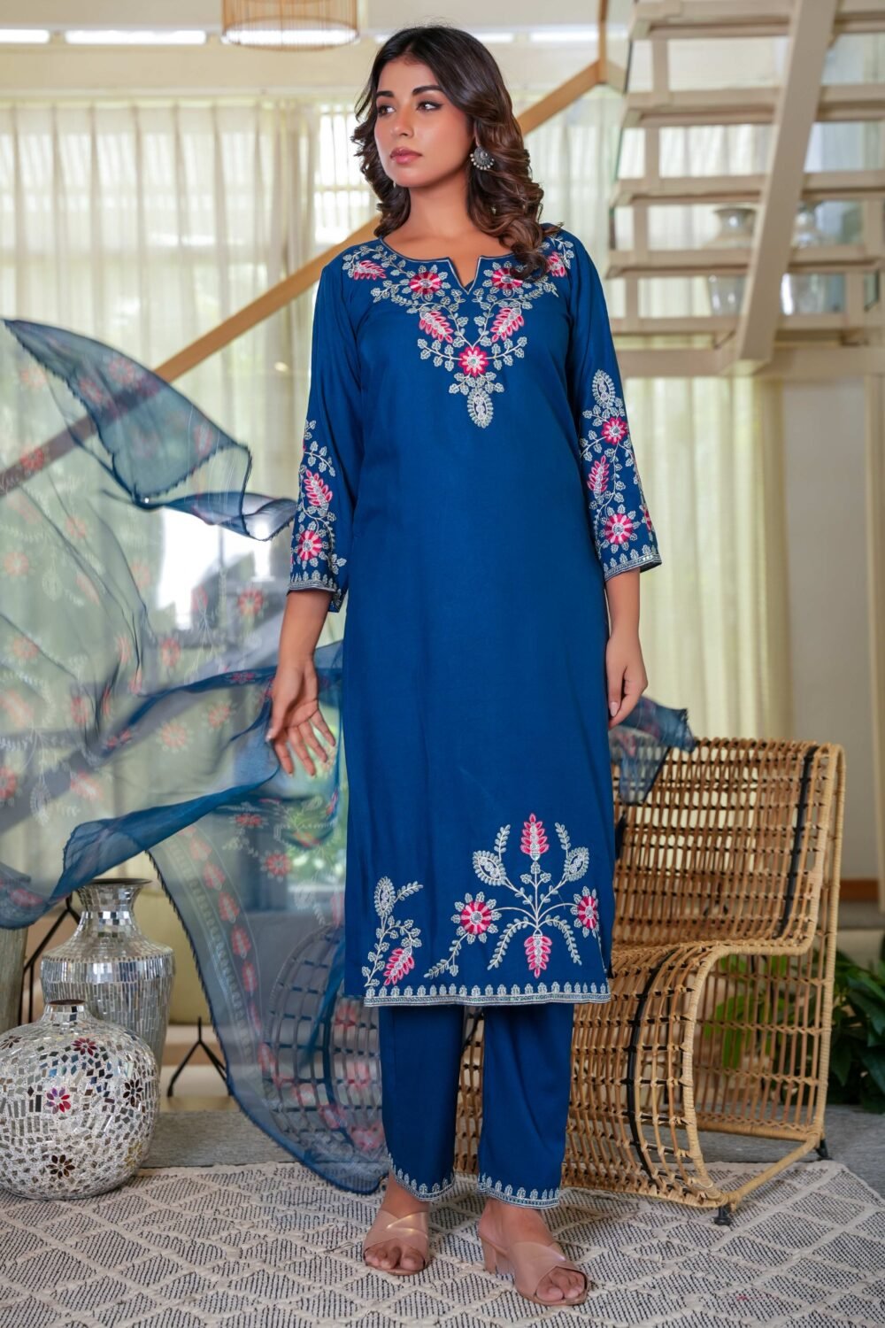 Navy Blue Heavy Viscose Rayon Straight Suit with Delicate Floral Embroidery for Graceful Style - Image 5