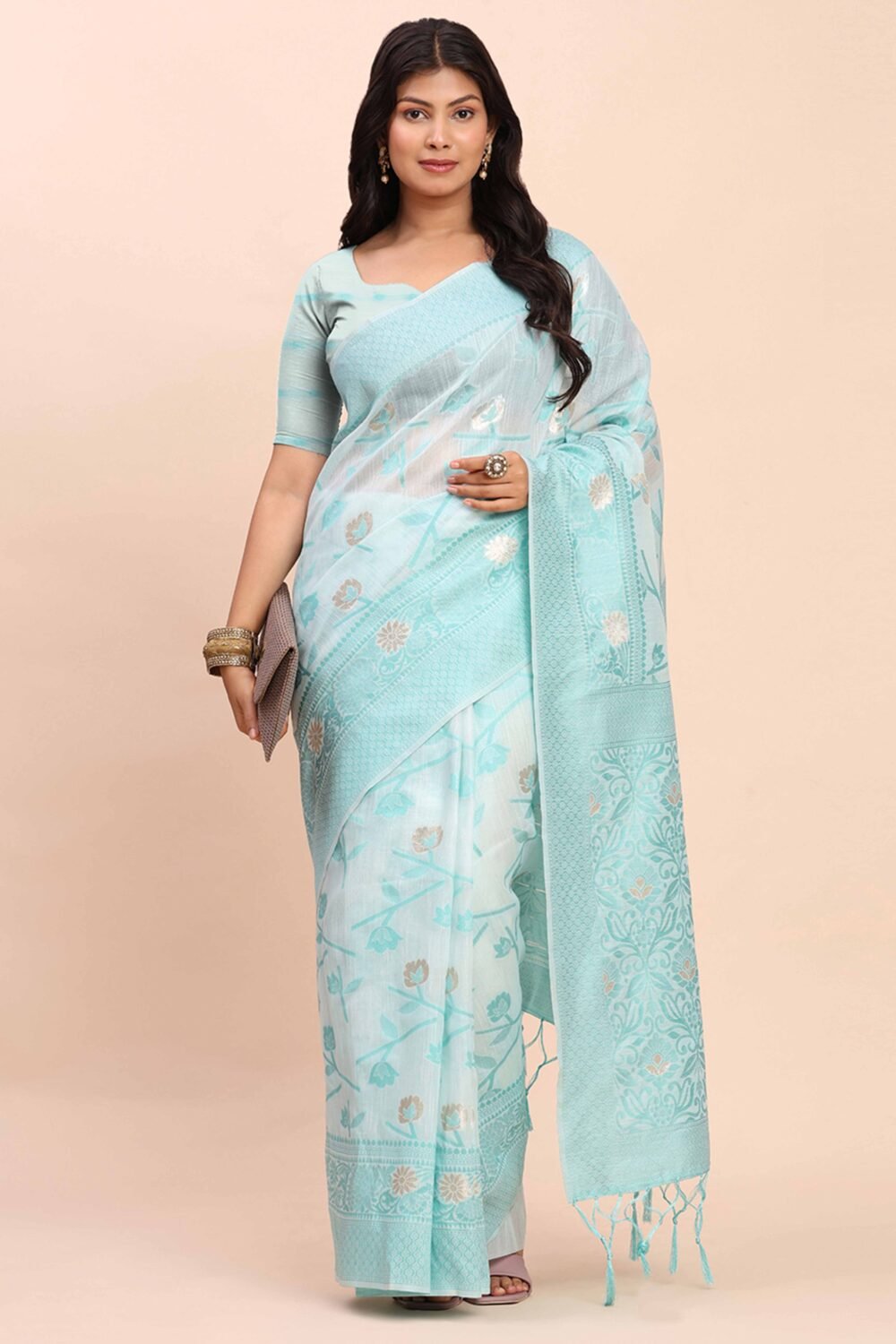 Sky Blue Floral Linen Cotton Saree Accented With Zari Weaving & Tassel Pallu Elegance - Image 3