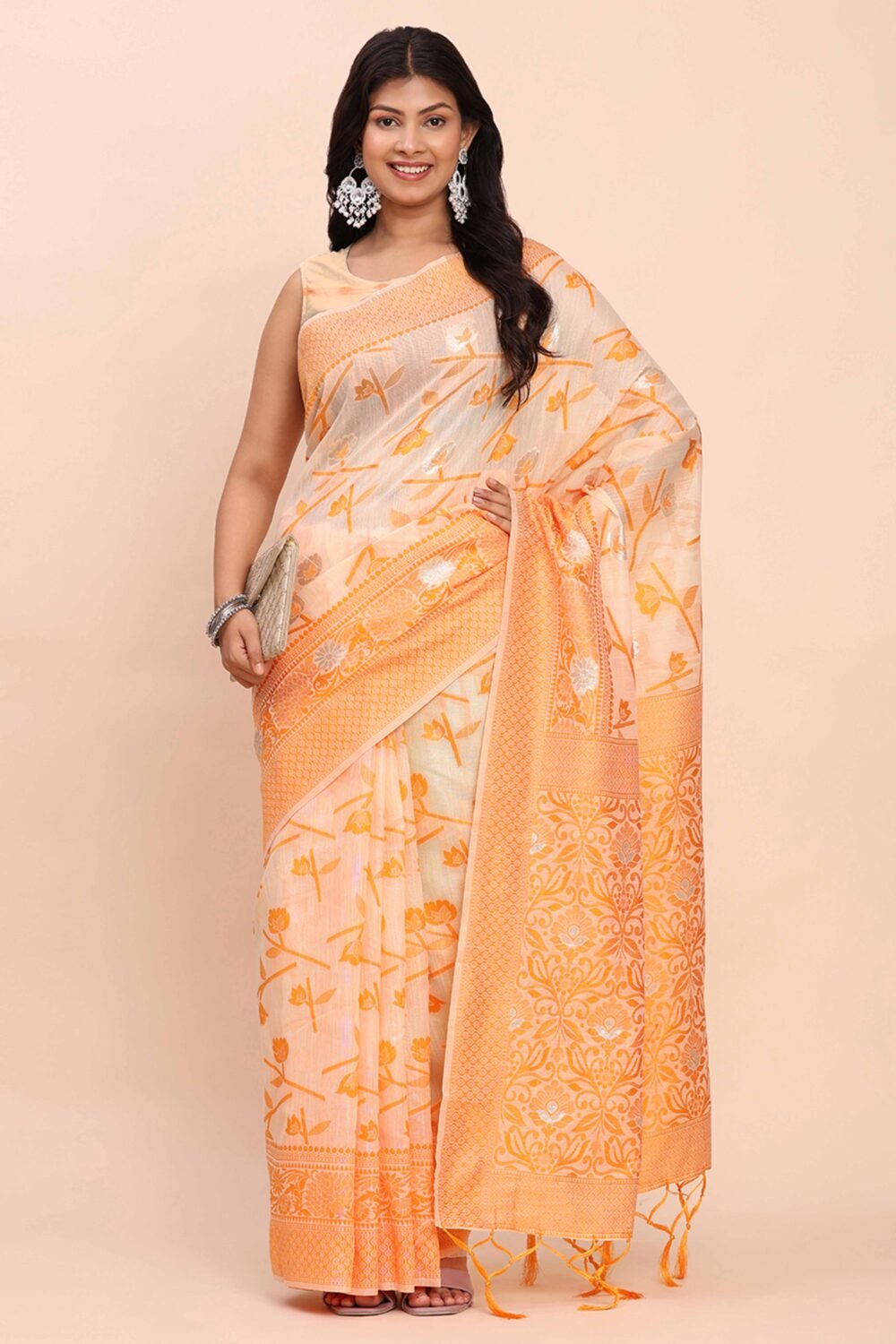 Orange Floral Linen Cotton Saree Accented With Zari Weaving & Tassel Pallu Elegance - Image 5