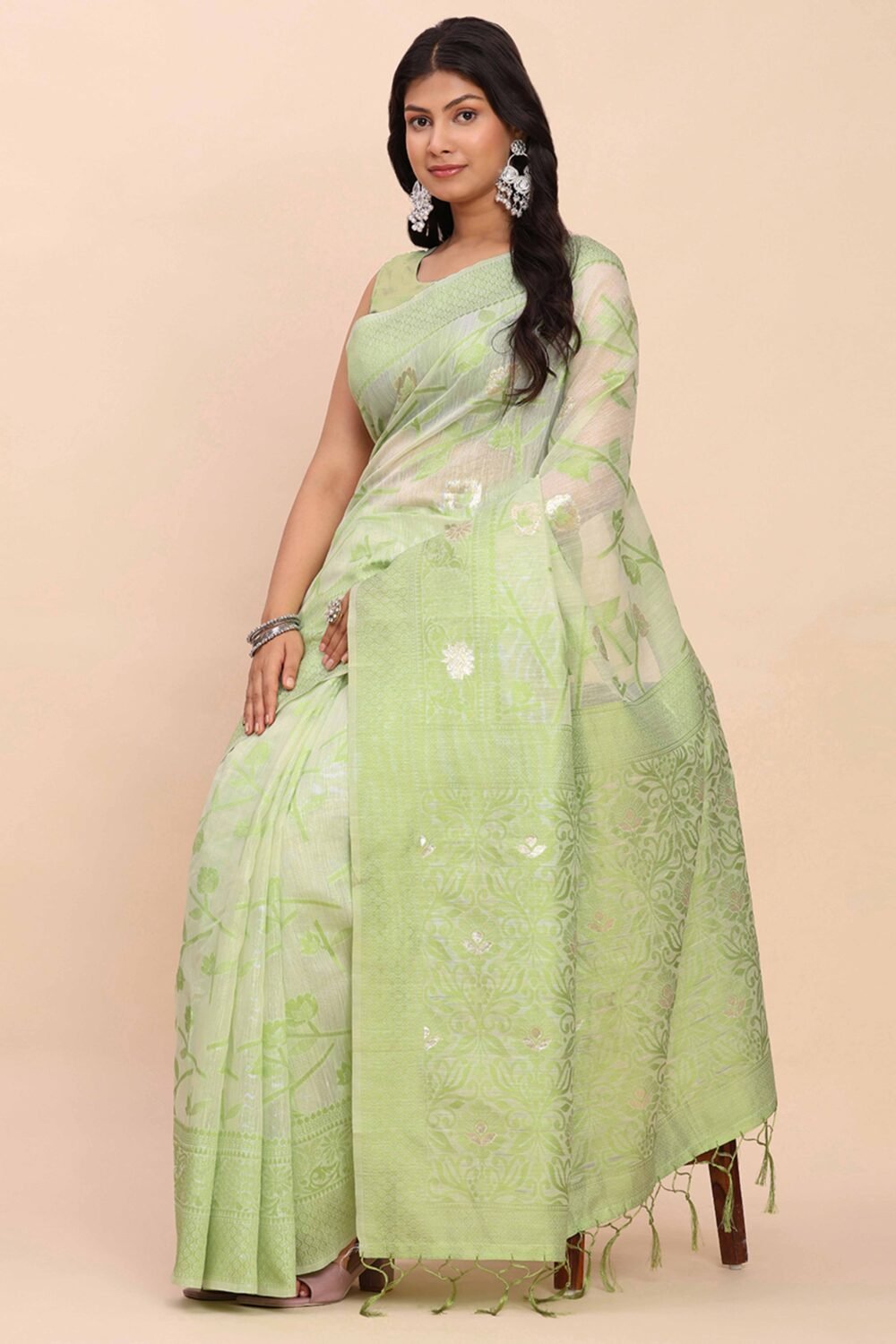 Light Green Floral Linen Cotton Saree Accented With Zari Weaving & Tassel Pallu Elegance - Image 5