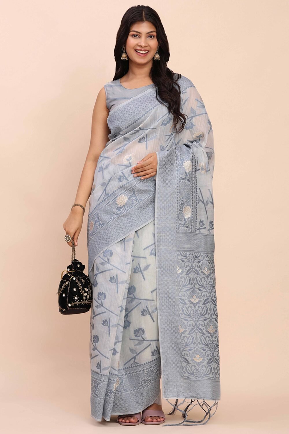 Grey Floral Linen Cotton Saree Accented With Zari Weaving & Tassel Pallu Elegance - Image 5
