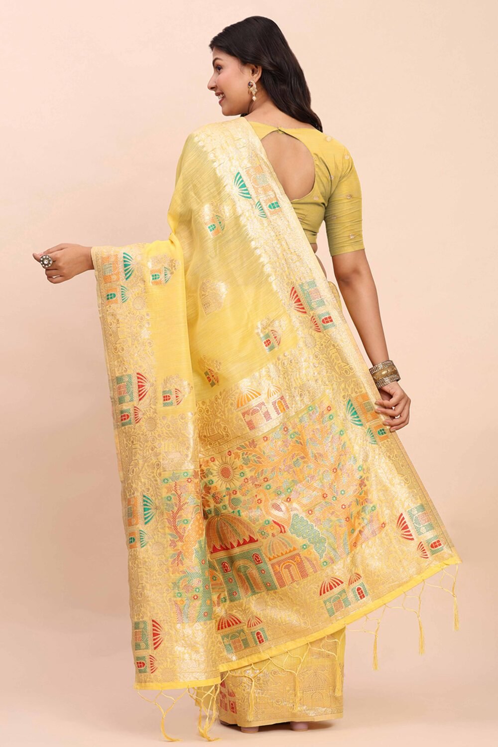 Yellow Bloom Zari Woven Linen Cotton Saree Adorned With Floral Motifs & A Tassel Finish - Image 5