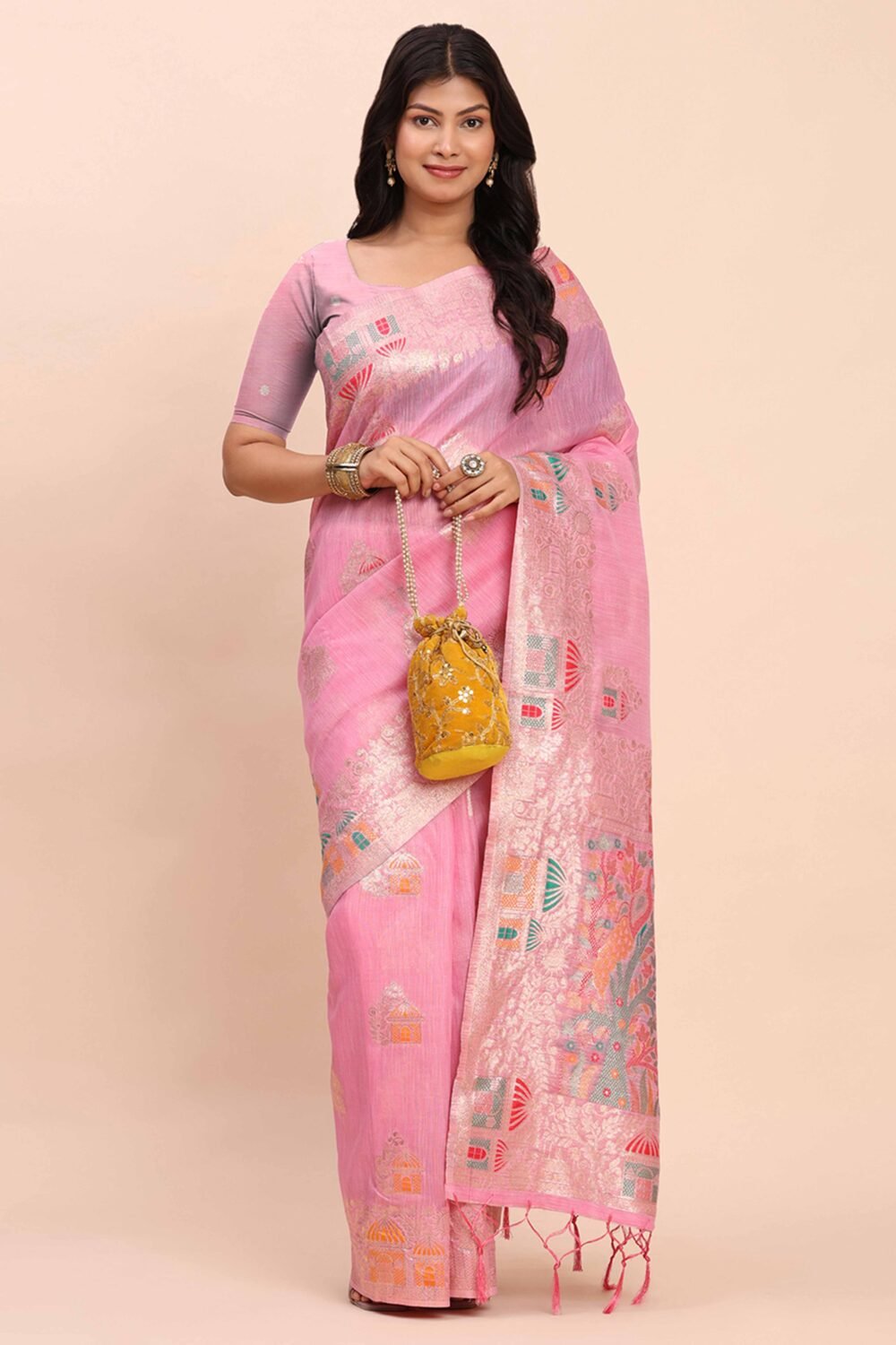 Pink Bloom Zari Woven Linen Cotton Saree Adorned With Floral Motifs & A Tassel Finish - Image 5